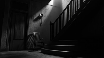 Fototapeta premium Interior shot of a dimly lit, vintage hallway with stairs.