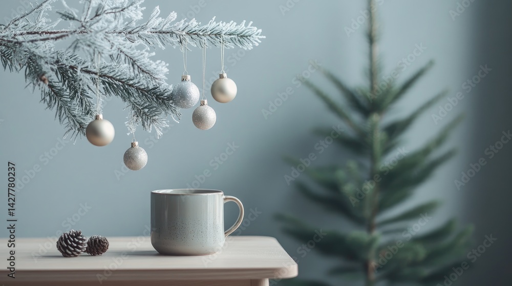 Poster a minimalist scandinavian style setup featuring a festive mug, hanging ornaments, and a frosted bran