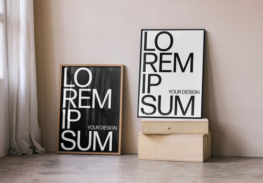 Mockup Of Two Customizable Framed Prints Leaning Against Wall