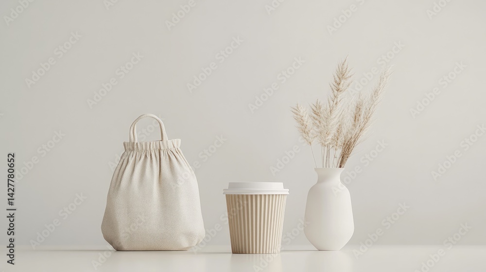 Poster a minimalistic setup featuring a paper cup and bag, symbolizing portability and eco-consciousness, a
