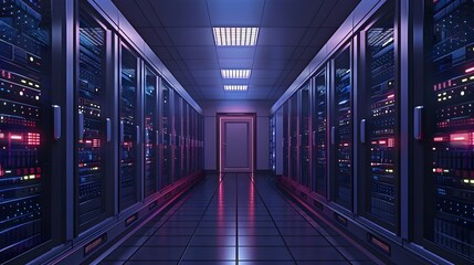 Fototapeta premium Expansive Server Room with Organized Racks in a Futuristic Technology Data Center