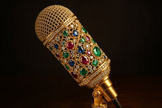 a gold microphone adorned with diamonds and precious stones