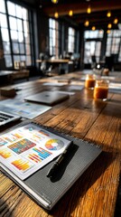 Fototapeta premium Wooden table with notebooks papers and glass in a bright blurred office.