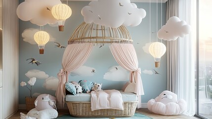 A soft pastel cloud adventure-themed kids' room featuring hanging cloud-shaped lights