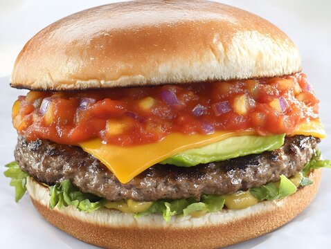 A juicy grilled beef burger topped with melted cheddar cheese, avocado slices, and a vibrant salsa relish on a soft bun.