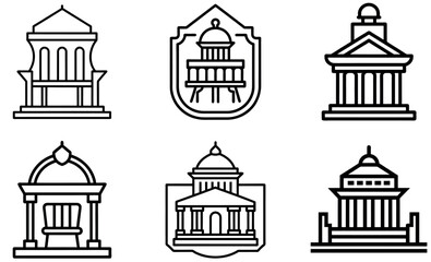 Minimalist Architectural Buildings, Classic Pillars and Domes, Vector Design