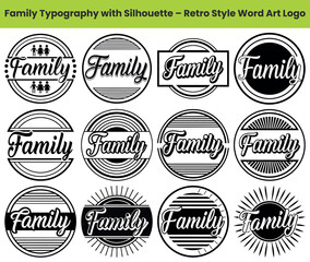 Obraz premium Twelve black family typography icons in retro style design collection on white layout