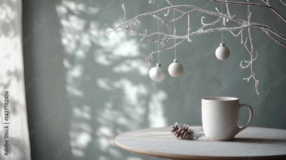Poster A side view of a Scandinavian-inspired festive setup with a mug, frosted branch, and hanging ornaments on a simple table, evoking warmth and seasonal charm.