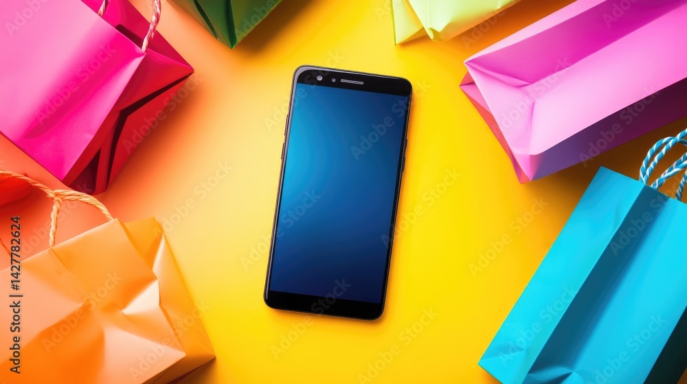 Poster A smartphone with an empty display surrounded by various colorful shopping bags, highlighting retail and consumer trends with a bold and vibrant look