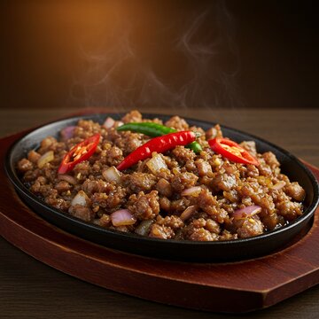 A plate of sizzling sisig made with chopped pork and savory seasonings