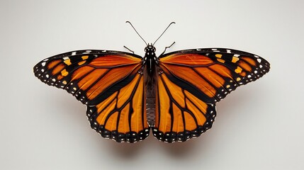 Fototapeta premium Brilliant monarch butterfly with its wings fully spread orange and black patterns crisp white background macro wildlife photography