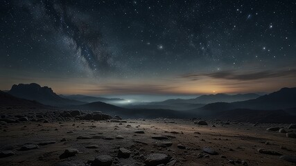 Night view of the empty ground with mountains