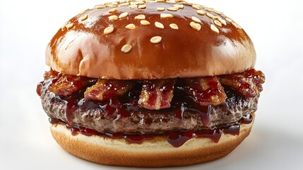 A juicy grilled beef burger topped with crispy bacon strips and rich barbecue sauce on a sesame seed bun.