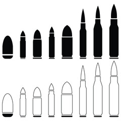 Bullet set icon, vector. collection of bullet silhouettes, Weapon ammo types and size in flat style. Attribute of war and hostilities. Firearm, shot or army symbol. vector illustration.