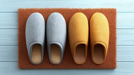 Cozy home scene featuring two pairs of colorful slippers relaxing side-by-side on a soft rug in a welcoming atmosphere
