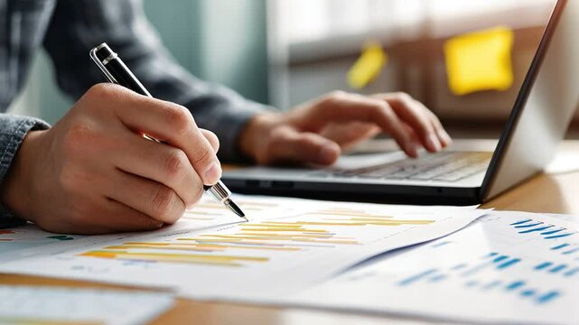 Business Professional's Analytical Focus: A business person meticulously examines charts, crunching numbers with a pen in hand while simultaneously navigating a modern laptop.