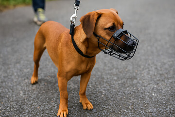 Brown dog wearing safety muzzle standing on leash outdoors, close up pet restraint training scene on asphalt road background, controlled animal behavior, secure walking gear for strong protective bree