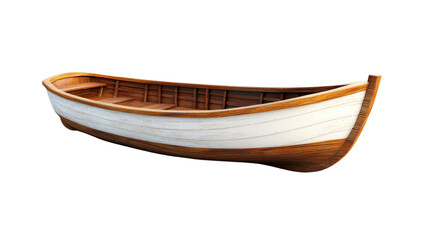 Handcrafted wooden rowboat with a white painted hull, isolated on white background