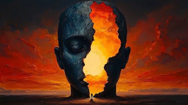 Contemplative transformation surreal landscape digital art dreamlike environment side view inner reflection