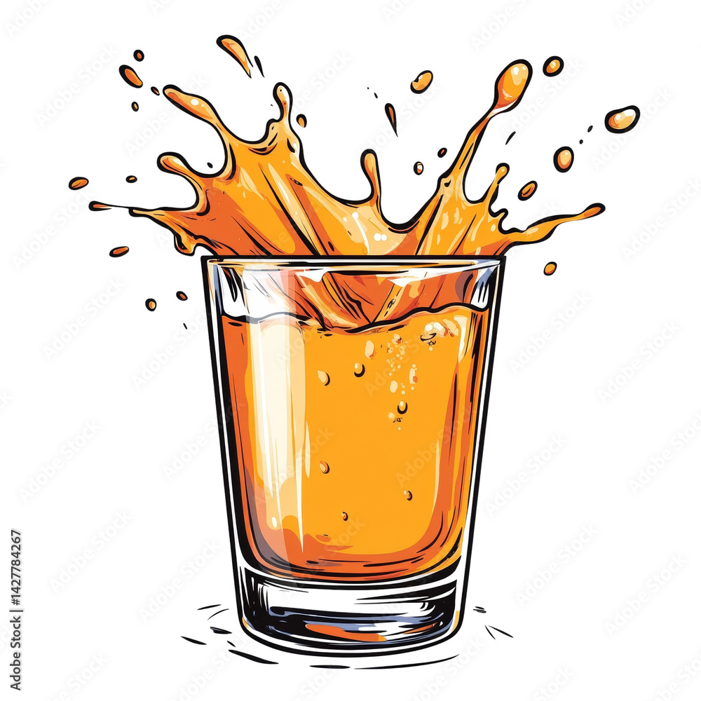 Poster dynamic shot of orange liquid splashing from a glass, vibrant and refreshing