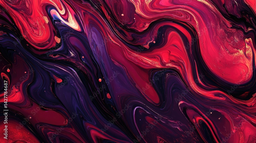 Poster An abstract background with flowing dark red, cherry, and crimson hues, blending in a gradient wave pattern, featuring a festive, shimmering effect.