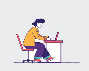 Fototapeta premium Young Woman Using Laptop – Modern Technology, Remote Work or Online Learning Concept, Simple Flat Illustration of Digital Lifestyle