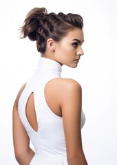 Fototapeta premium Brunette Hair Bun Woman White Open Back Halter Dress Portrait