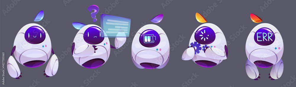 Poster chatbot ai character set - curious robot assistants. quirky bots express confusion, show low battery