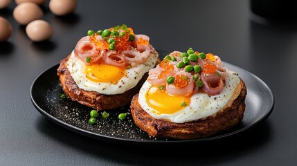 Delicious Breakfast Plate Featuring Eggs and Ham on a Black Serving Dish
