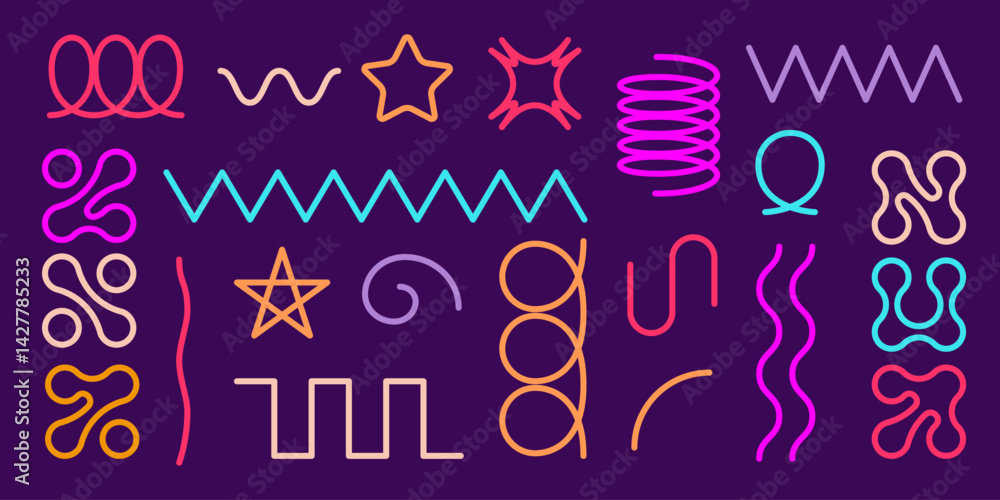 Poster spring coil and metaball shapes in bright neon colors on dark background. set of vector flat illustr