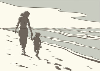 Retro Style Mother and Child Walking on Beach – Vintage Family Illustration, Ocean Shoreline Silhouette Art, Mother's Day