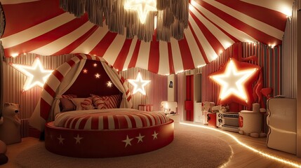 A starry circus tent-themed kids' room with a circular bed surrounded by striped red-and-white walls resembling the inside of a circus tent
