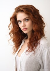 Fototapeta premium Red Long Curly Hair Woman White Shirt Beauty Portrait
