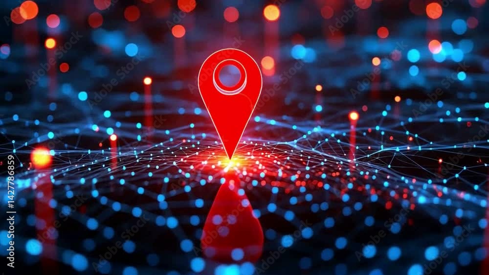 Poster glowing digital map with location pin and vibrant network technology creates modern, futuristic atmo