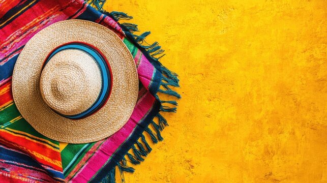 Celebrate Cinco de Mayo with a festive top view of a traditional striped serape placed on a yellow surface, ideal for themed promotions and vibrant cultural celebrations.