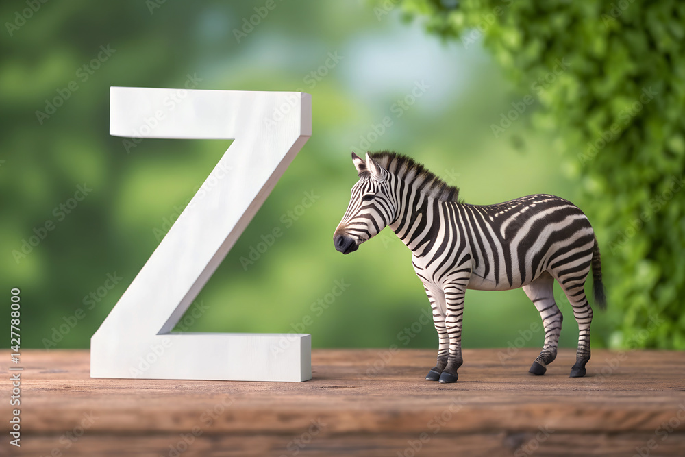 Fototapete a 3d render of a zebra and the letter z on a wooden table with a green background for an educational