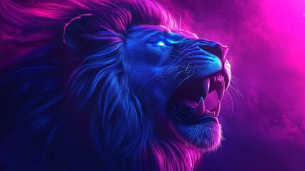 neon glowing fierce lion with bright blue eyes in cyberpunk style