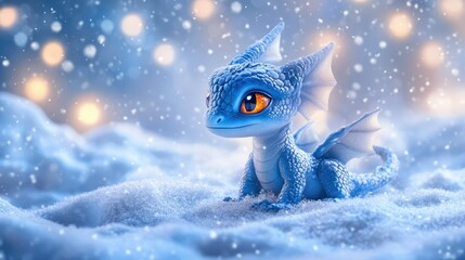 A cute, small, blue dragon with large amber eyes, tiny wings, and red inner ears sits in the snow.