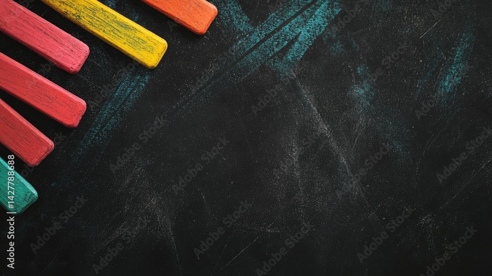 Poster Embark on a captivating learning adventure with a top-down snapshot of vivid child stationery on a blackboard background, leaving room for promotional text.