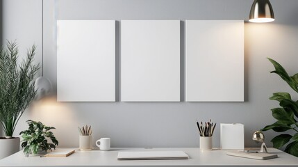 Modern Workspace Featuring Laptop Green Plant and Whiteboard Setup