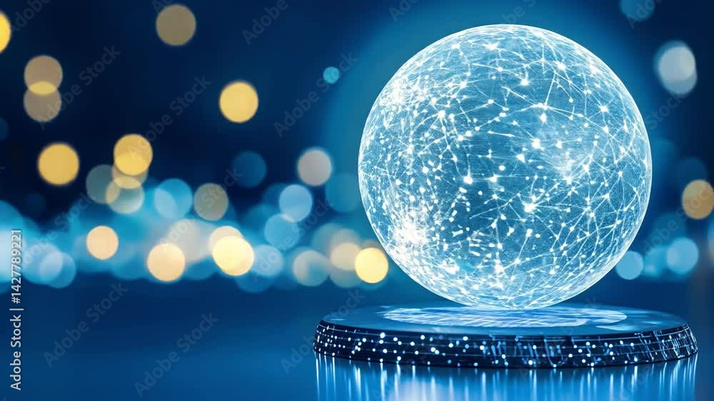 Poster futuristic glowing sphere of technology and connectivity, surrounded by soft bokeh and shimmering li