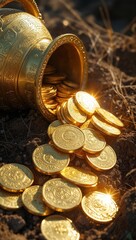 A tightly framed, intimate close-up of an ancient, ornate golden pot, its intricately etched lid slightly ajar, overflowing with a trove of luminous gold coins, partially submerged in the rustic, 
