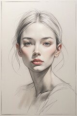 Create a stunning portrait sketch of a person with delicate features, rendered in graphite pencil medium, set against a soft, creamy white background that subtly gradates to a light gray towards