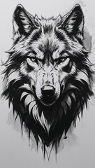 Intricately detailed abstract wolf head sketch in stark black and white, featuring deep, velvety shadows that accentuate the animal's rugged features, with bold, expressive lines that weave together t