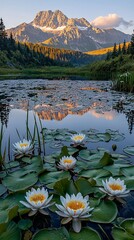 Mountain lake sunrise reflection, water lilies, tranquil scene, nature wallpaper