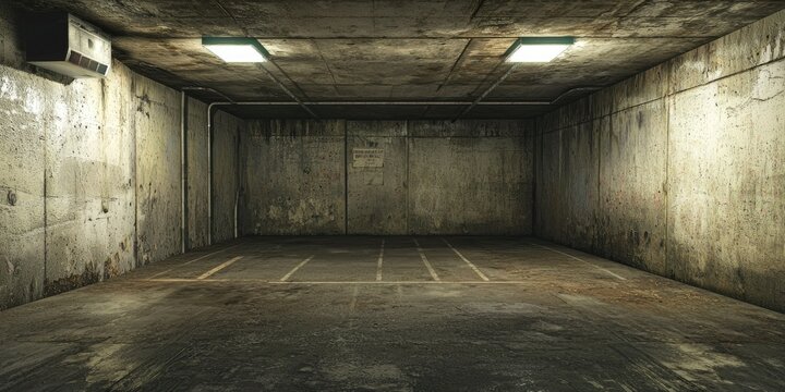 A desolate underground parking space with harsh industrial lighting