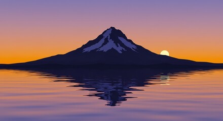 夕焼け空に映える雄大な山、静かな水面に完璧な反射