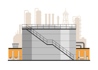 Oil storage tank with refinery illustration. oil and gas industry, energy production, and petrochemical infrastructure