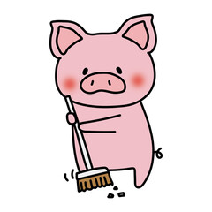 ほうきで掃除のお手伝いをするぶた