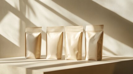 Neutral-colored packaging pouches displayed on a surface, casting soft shadows in the gentle light of the sun, creating a minimalist and modern aesthetic